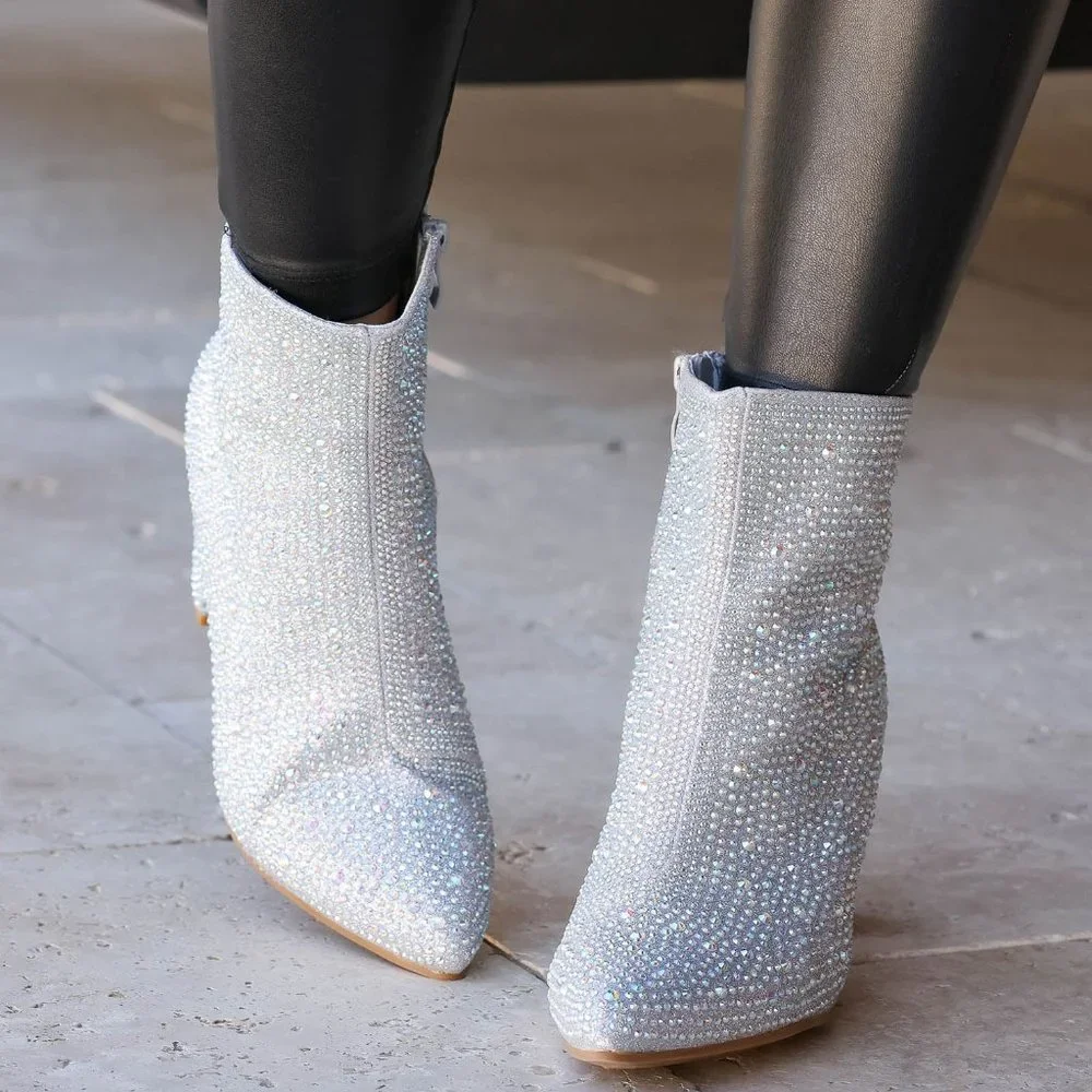 NEW🔥 Bling Silver Rhinestone Crystal Block Heel Ankle Booties Boots Pointed Toe - Picture 8 of 10